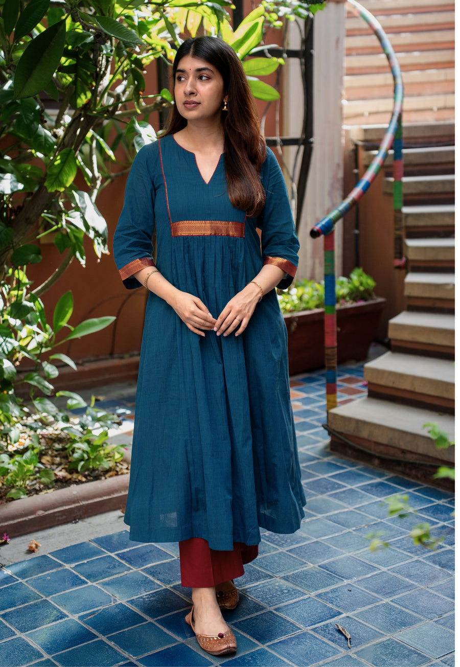 Lipika Blue Mangalgiri Cotton A Line Kurta with Nizam Border