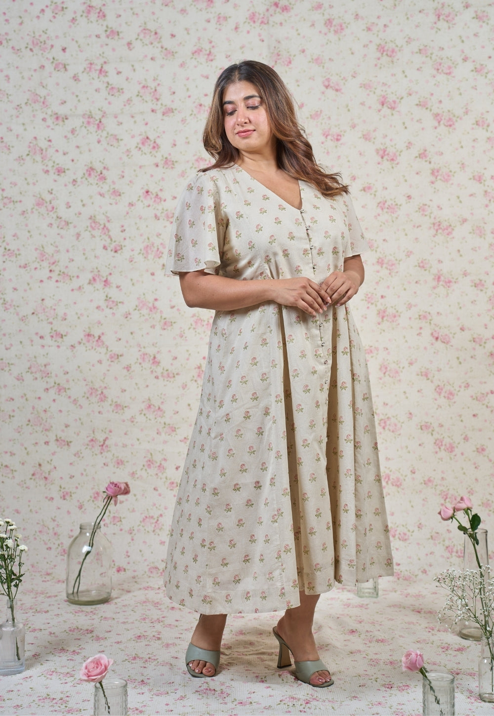 Leah Grey Butti Sanganeri Mul Cotton A Line Dress