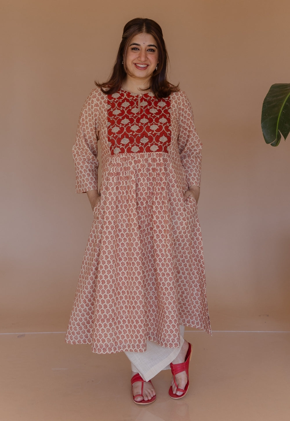 Shikha Red Bagru Cotton A Line Kurta