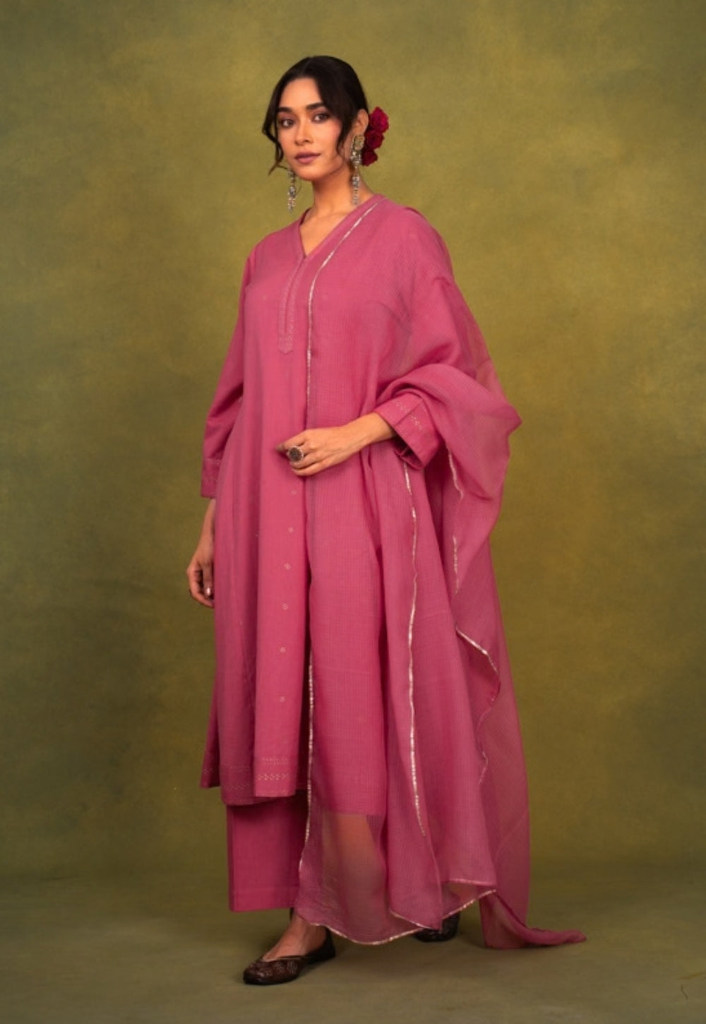 Sadia Pink Rogan Handblock Printed Cotton Kali Kurta Suit Set (Set of 3)