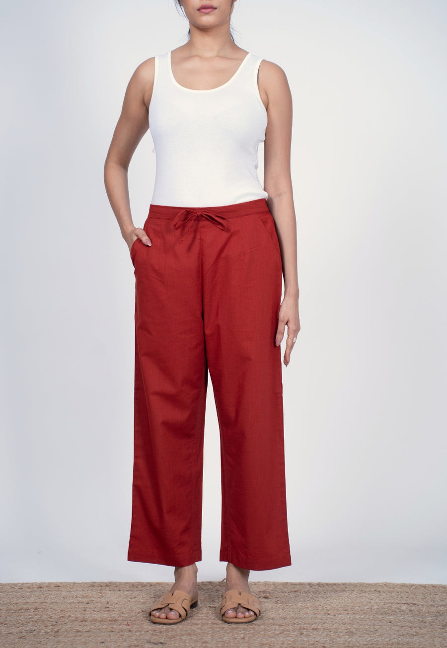 Yashi Red Solid Slub Cotton Straight Pant