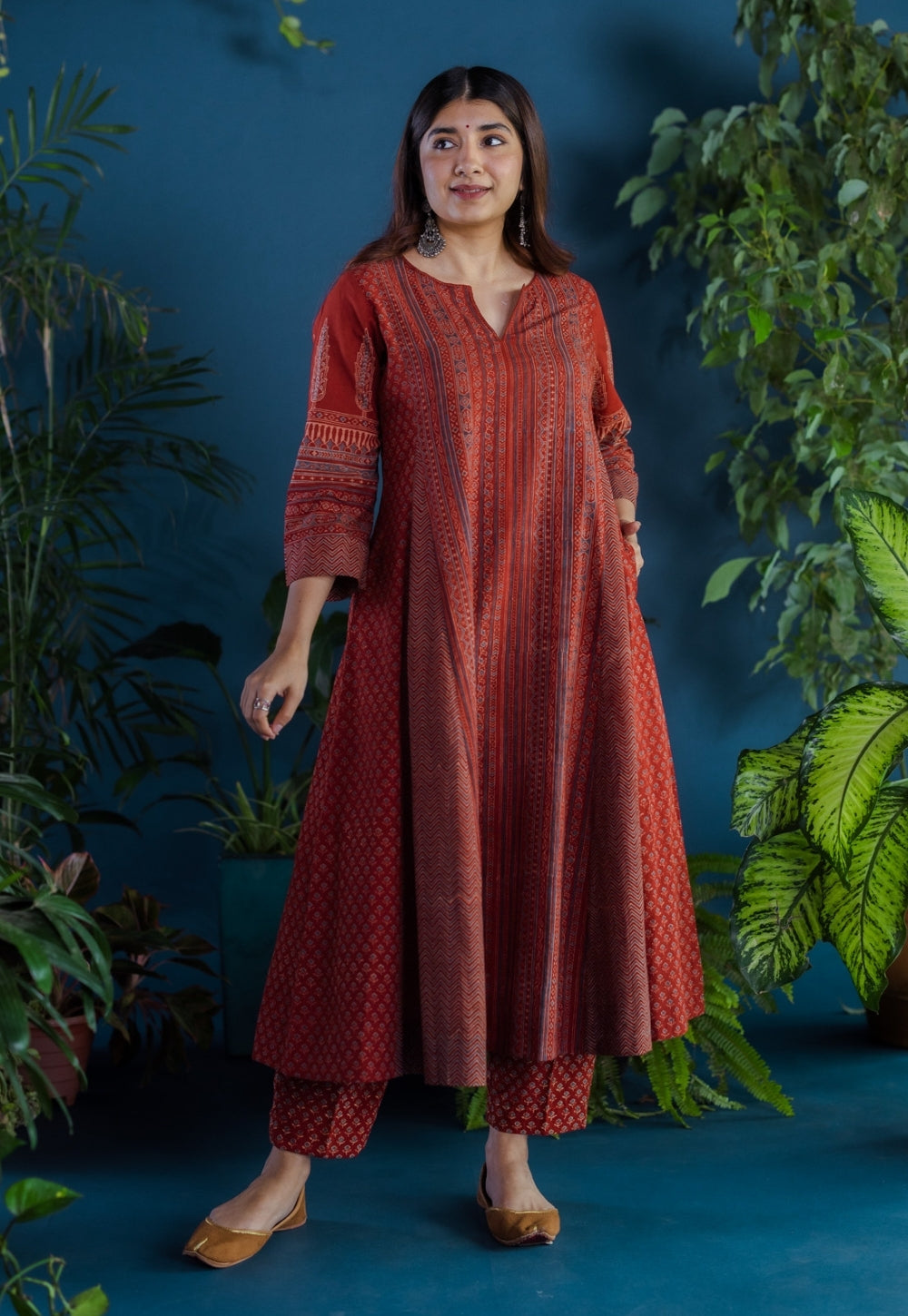 Pranika Red Ajrakh Cotton Kali Kurta with Hand Embroidery