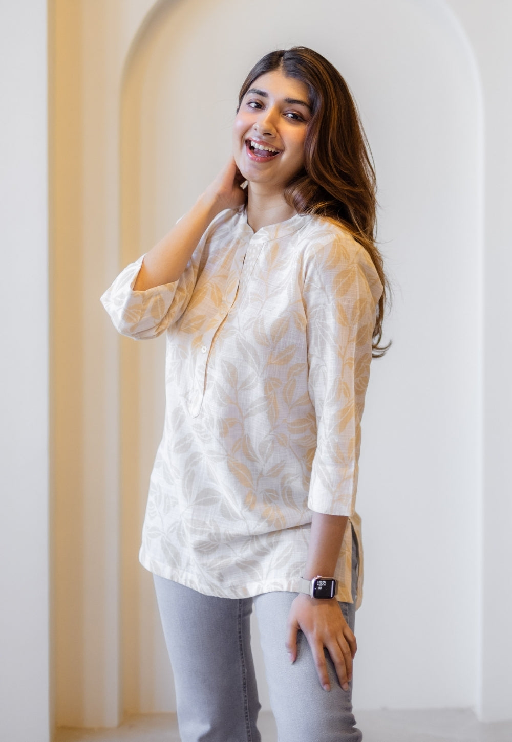Zinia Beige Hand Block Print Slub Cotton Straight Short Top