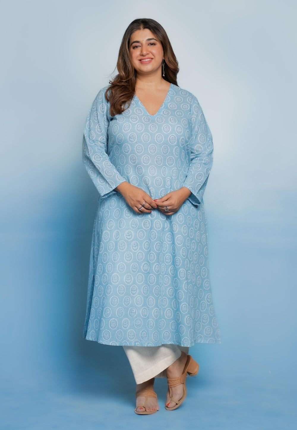 Rifaa Blue Dabu Mul Cotton A Line Kurta