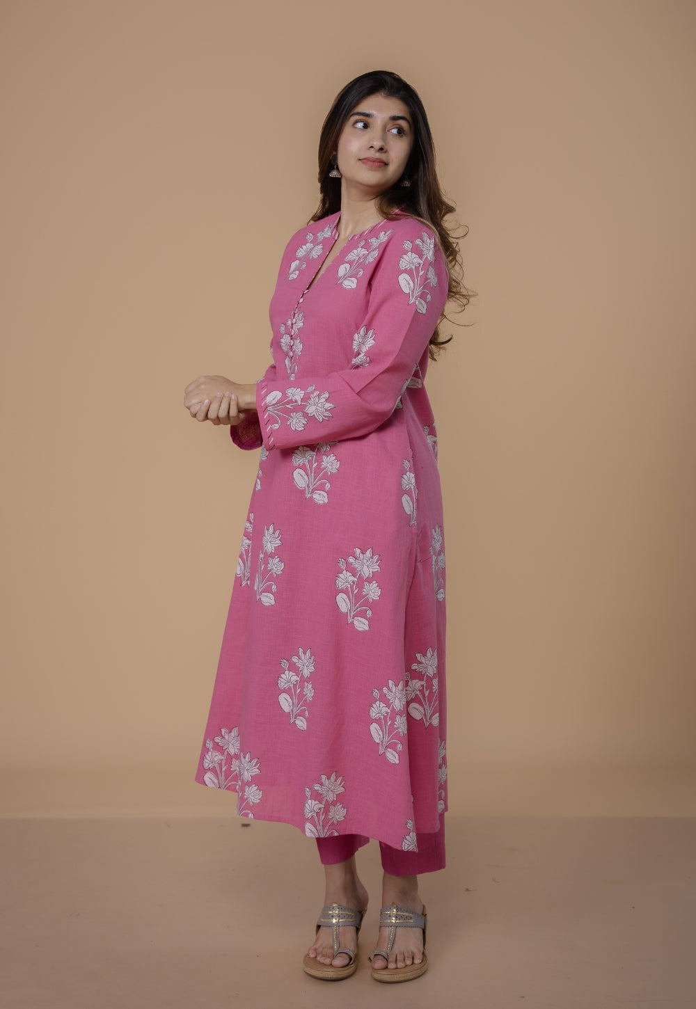 Eshika Pink Dabu Slub Cotton A Line Kurta Set (Set of 2)