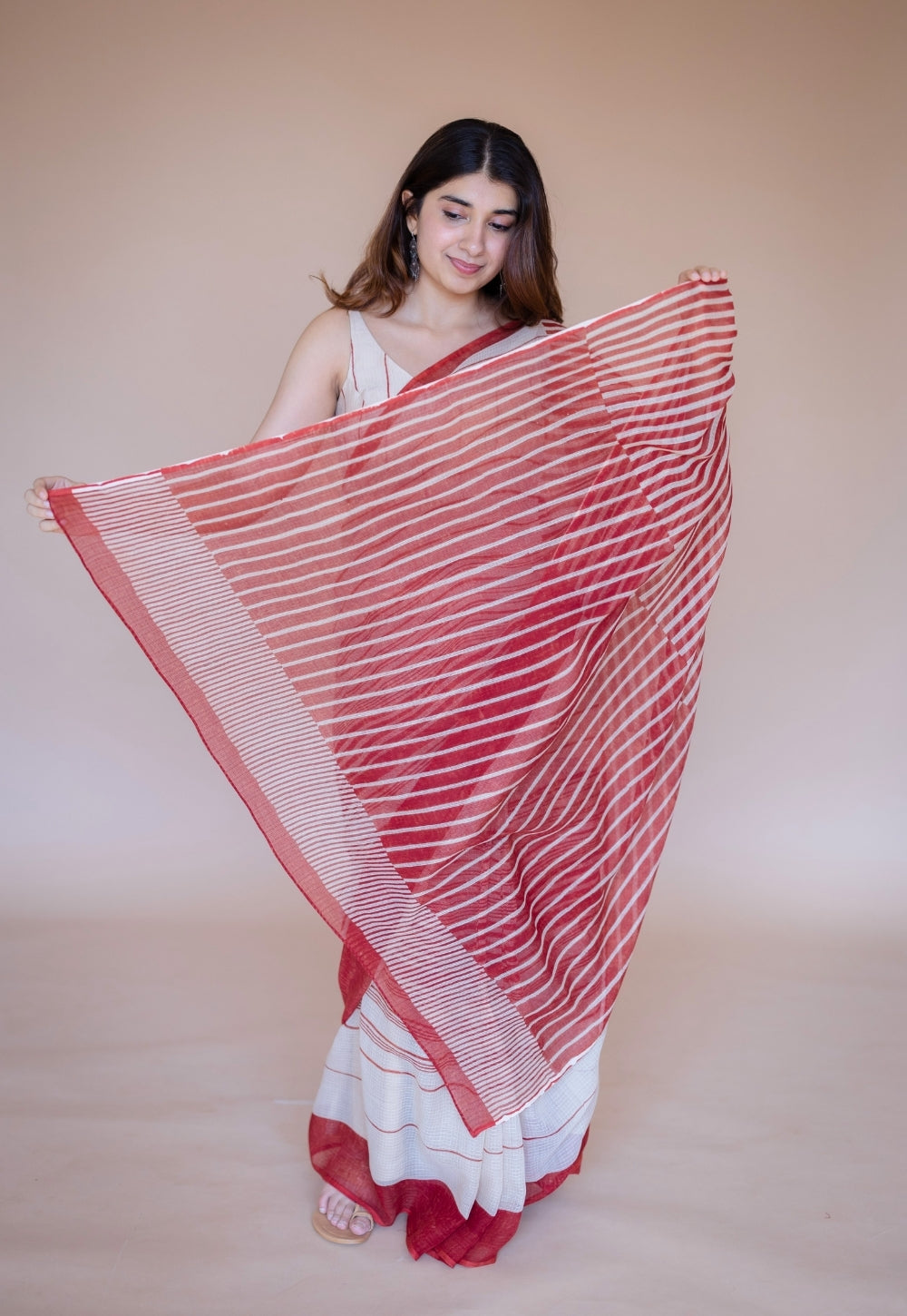 Off White Stripe Ajrakh Hand Block Print Kota Doria Cotton Saree