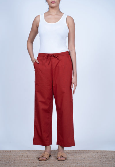 Yashi Red Solid Slub Cotton Straight Pant