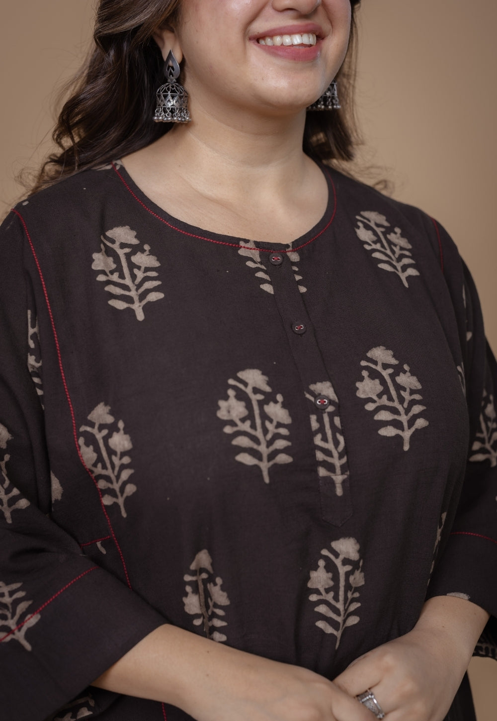 Disha Brown Dabu Slub Cotton Jhabbha Kali Kurta Set (Set of 2)
