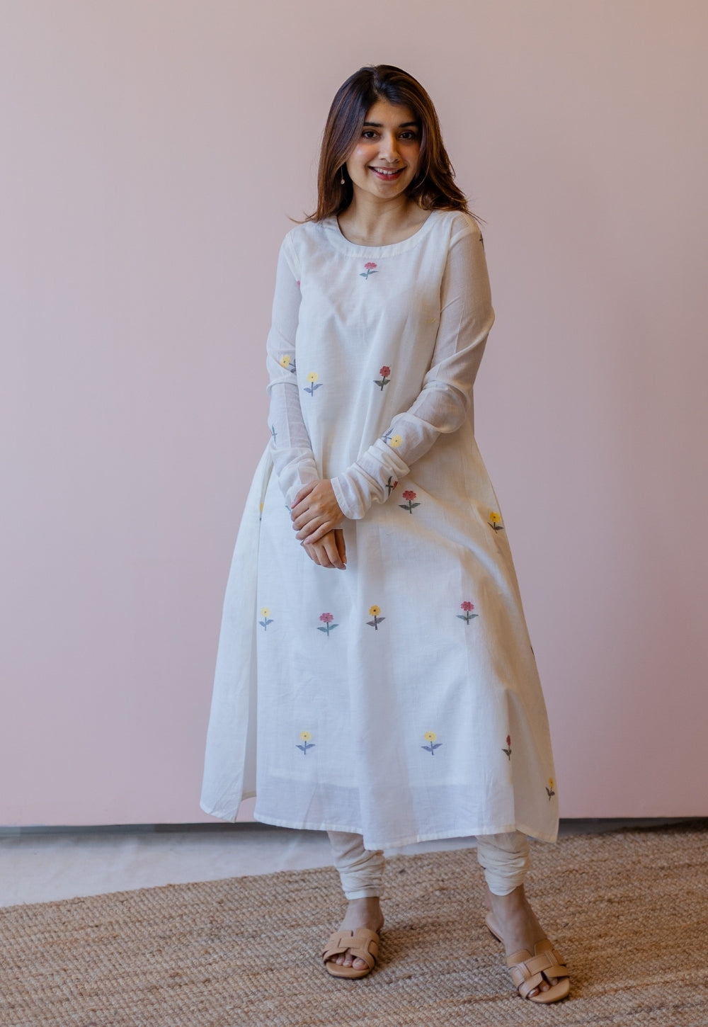 Kiran Off White Jamdani Handspun Handwoven Cotton A Line Kurta