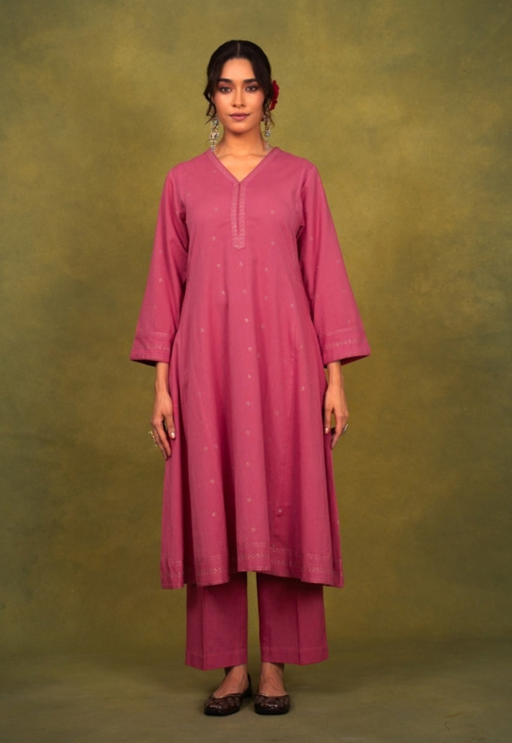 Sadia Pink Rogan Handblock Printed Cotton Kali Kurta Suit Set (Set of 3)