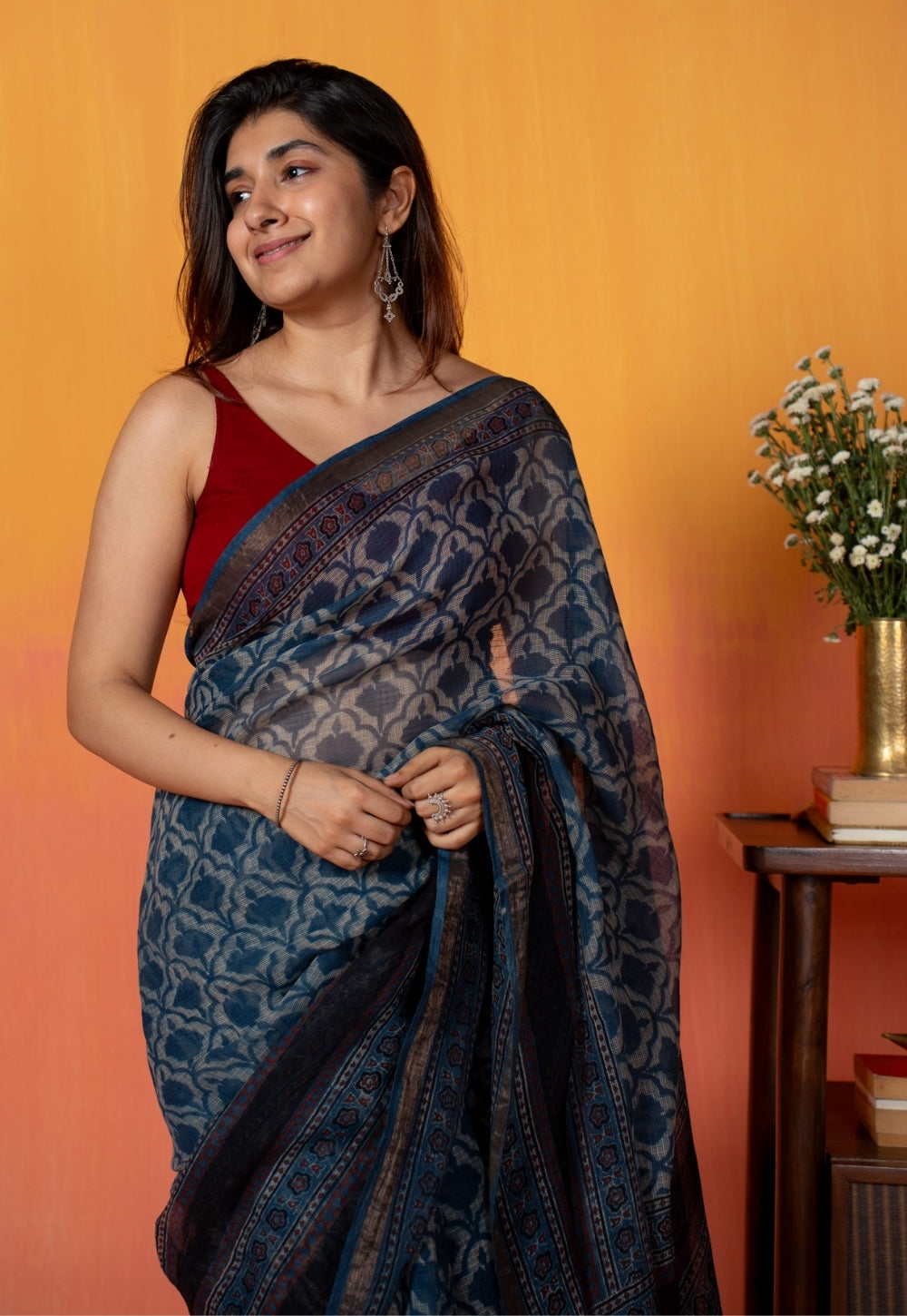 Black Floral Jaal Ajrakh Hand Block Print Kota Doria Cotton Saree