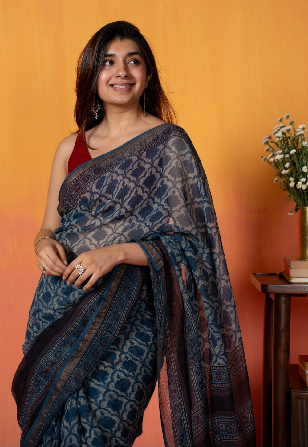 Black Floral Jaal Ajrakh Hand Block Print Kota Doria Cotton Saree