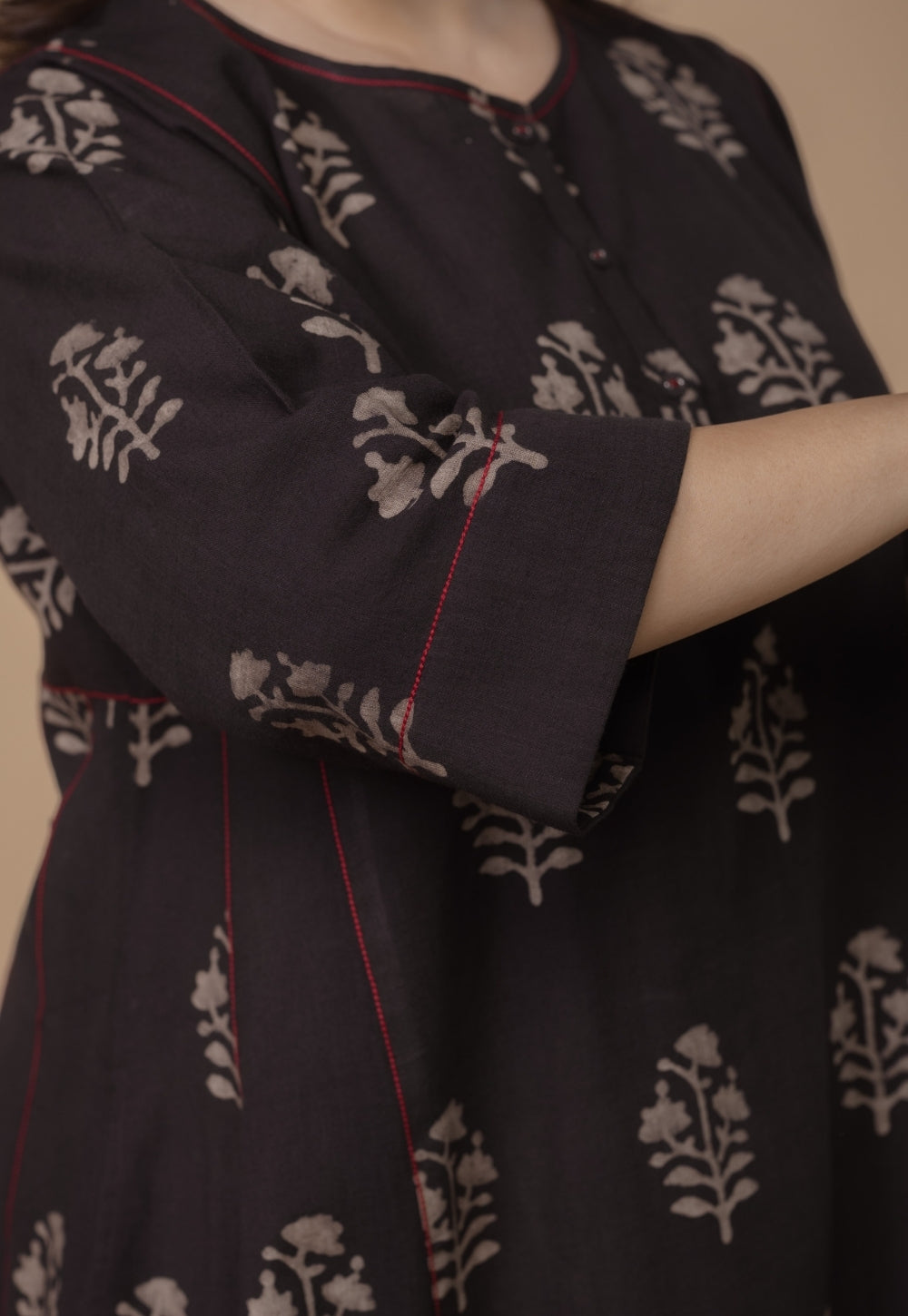 Disha Brown Dabu Slub Cotton Jhabbha Kali Kurta Set (Set of 2)