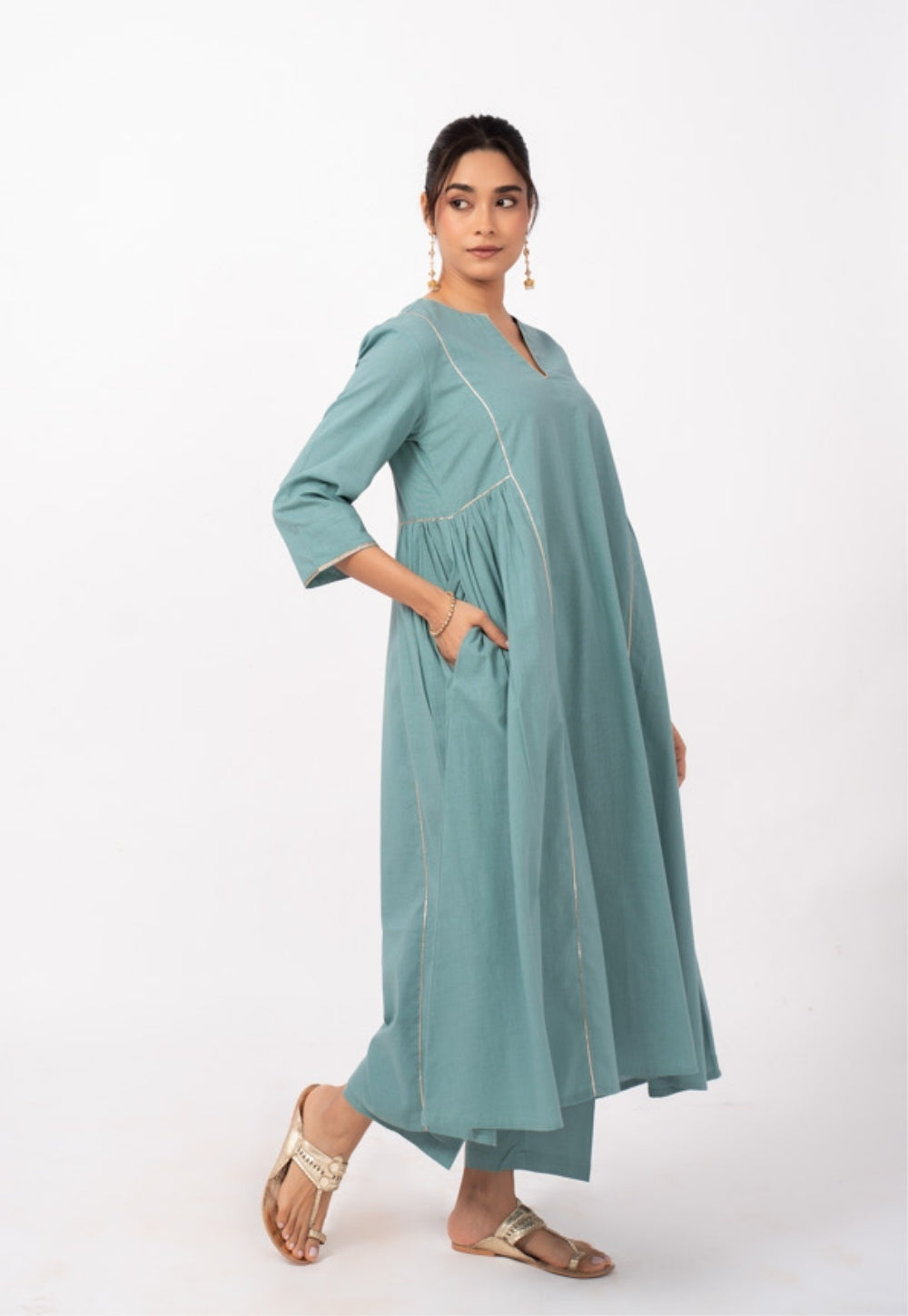 Tamanna Blue Solid Slub Cotton Kali Kurta Suit Set with Printed Dupatta (Set of 3)