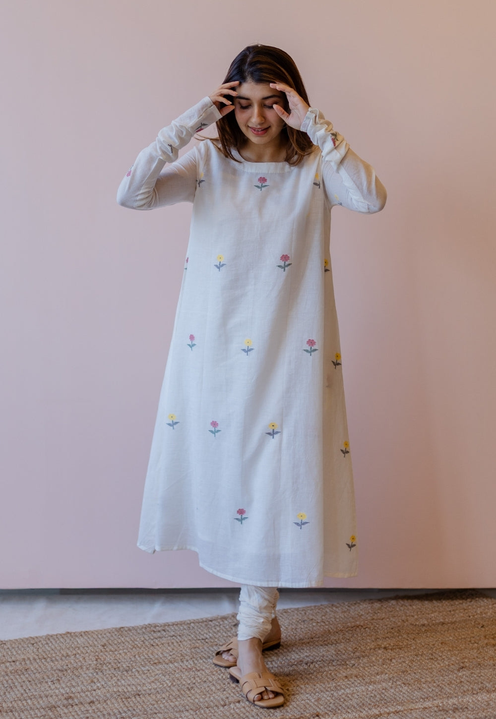 Kiran Off White Jamdani Handspun Handwoven Cotton A Line Kurta
