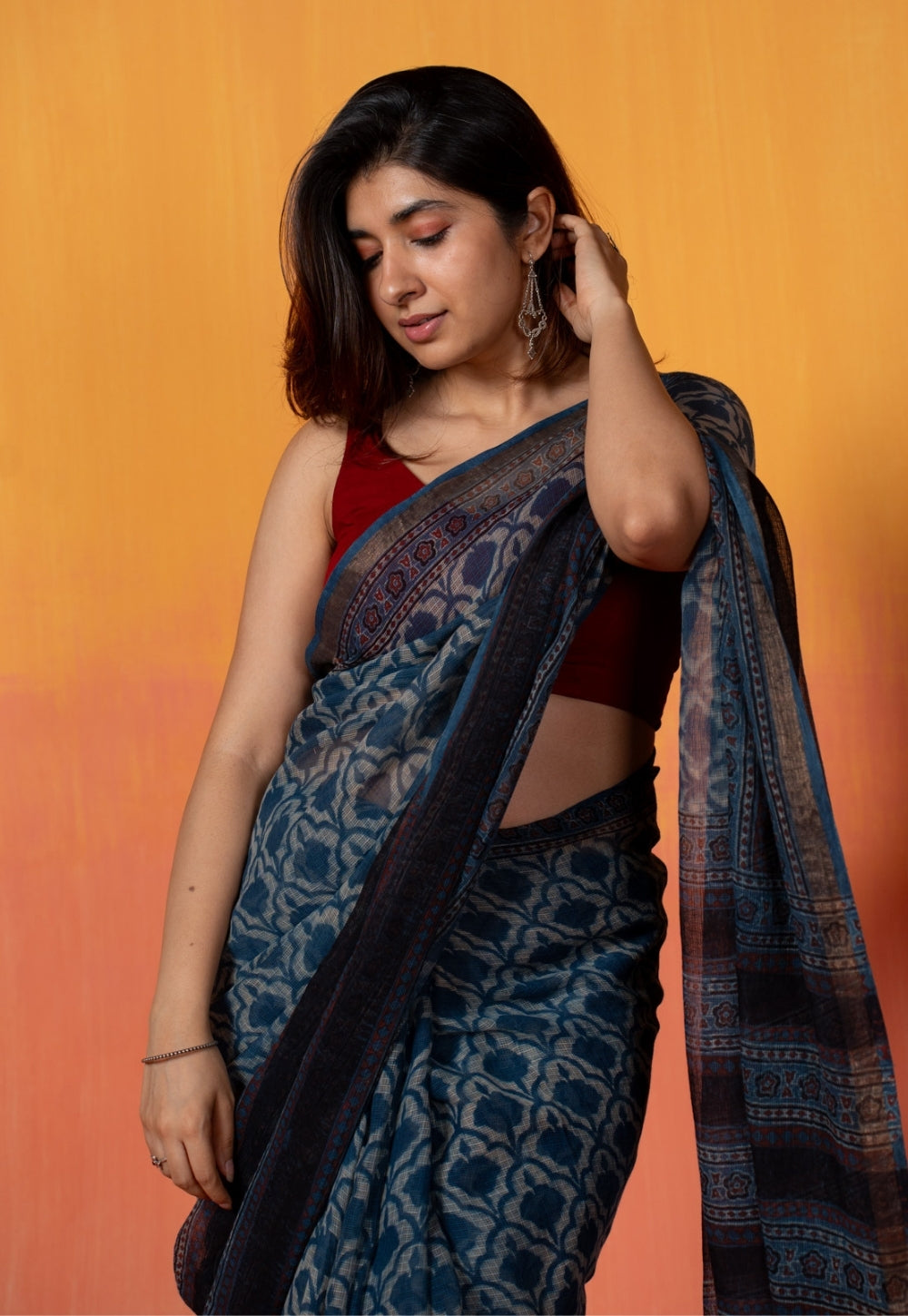 Black Floral Jaal Ajrakh Hand Block Print Kota Doria Cotton Saree