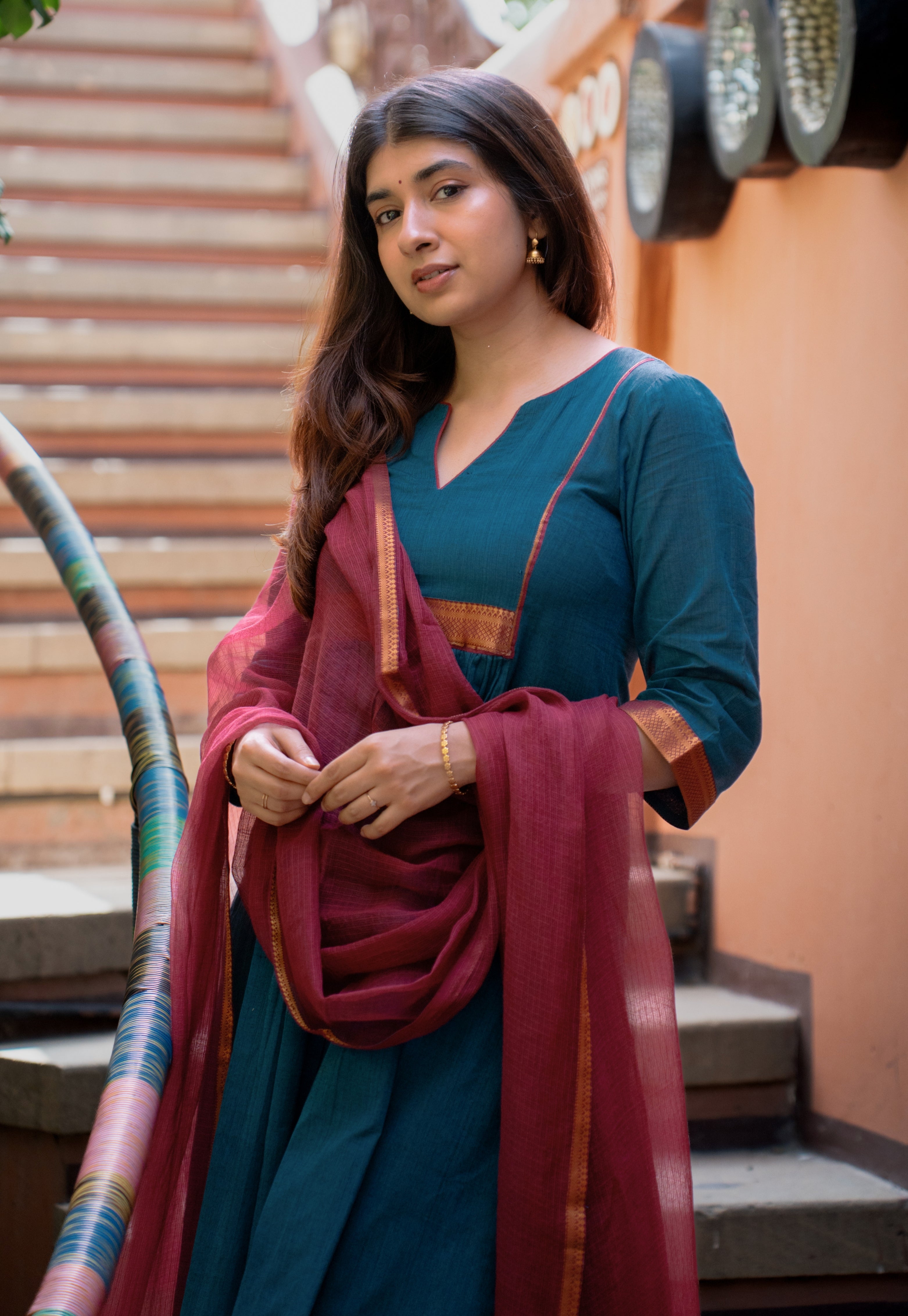 Dark Red Solid Kota Doria Cotton Dupatta with Mangalgiri Border