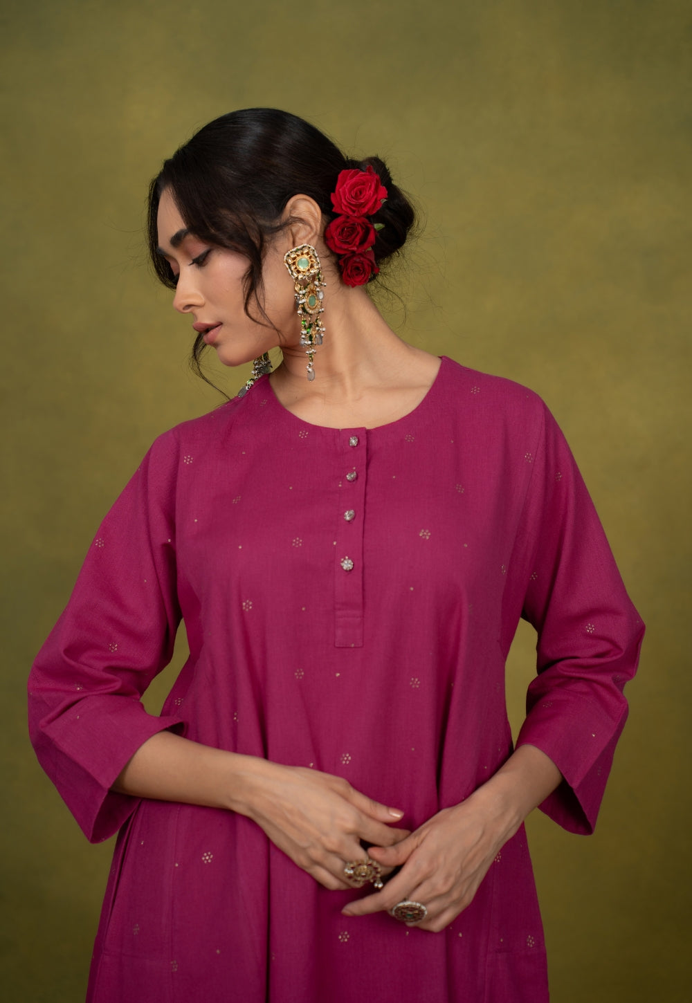 Alizah Pink Rogan Handblock Printed Cotton Jhabbha Kali Suit Set (Set of 3)