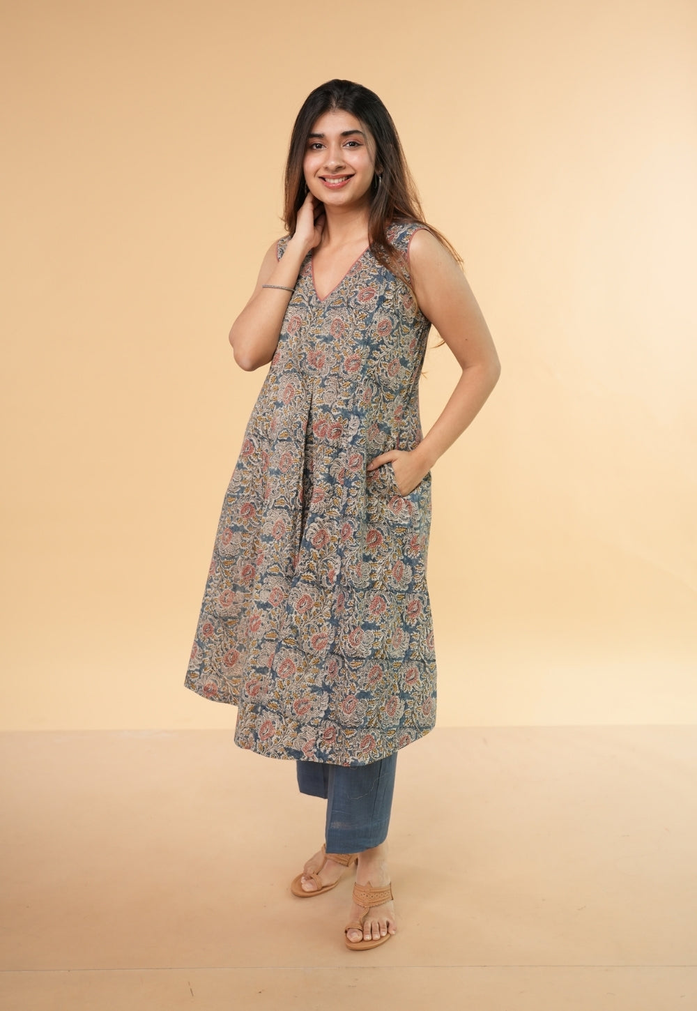 Raahi Blue Kalamkari Cotton Kali Kurta