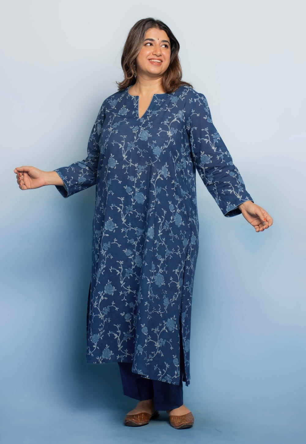 Zoohi Blue Dabu Mul Cotton A Line Kurta