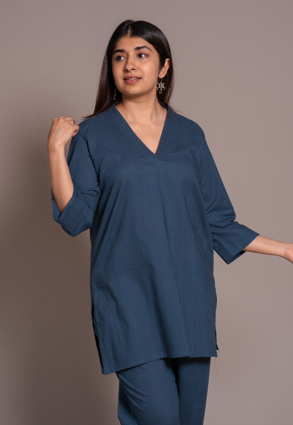 Indigo Solid Slub Cotton Straight Co-Ord Set - DyeVerse