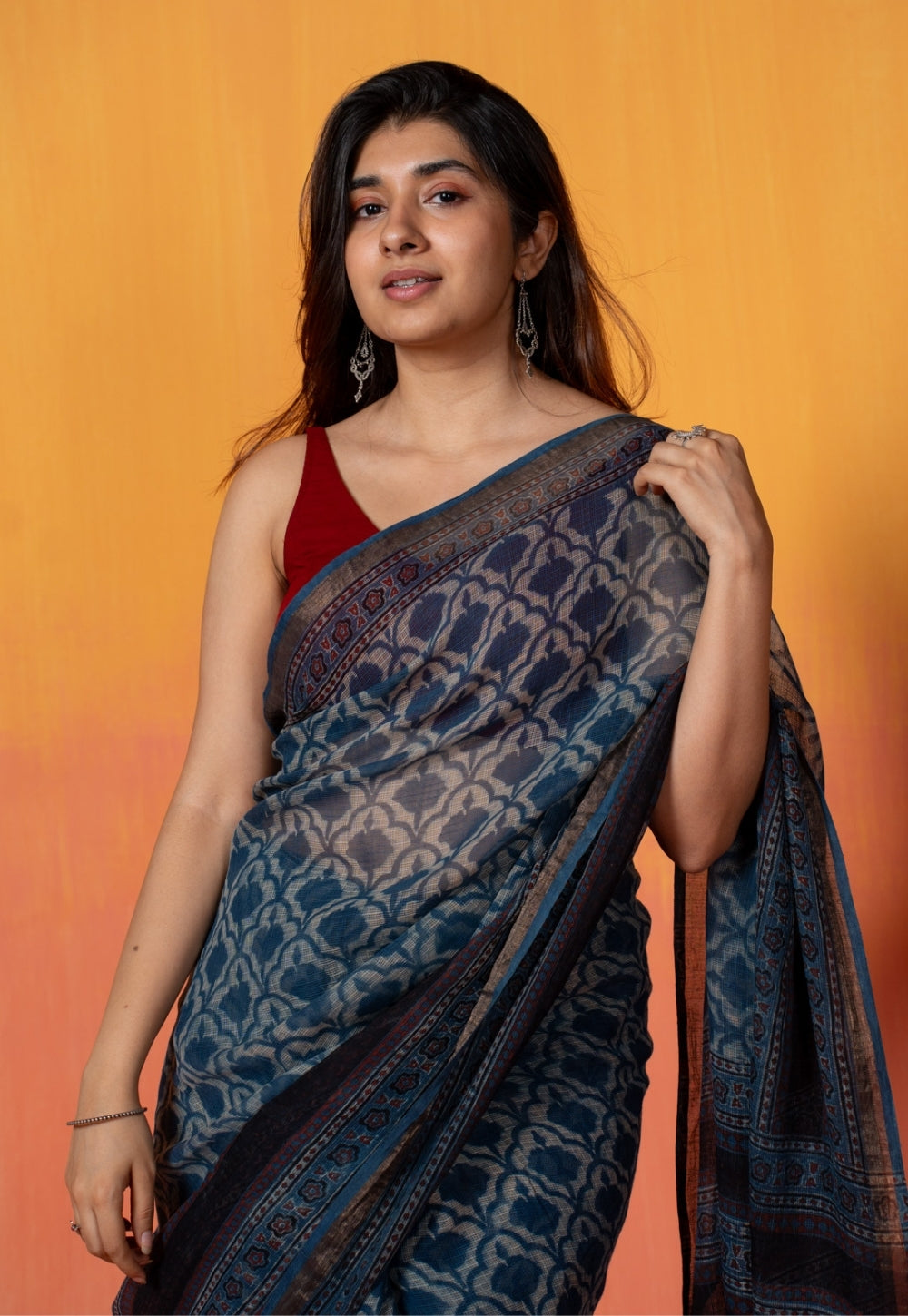 Black Floral Jaal Ajrakh Hand Block Print Kota Doria Cotton Saree