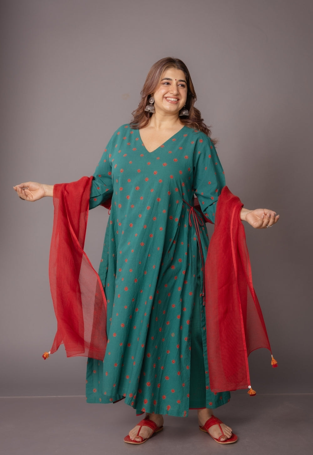 Swara Green Bandhani Cotton Kali Suit Set with Embroidery (Set of 3)