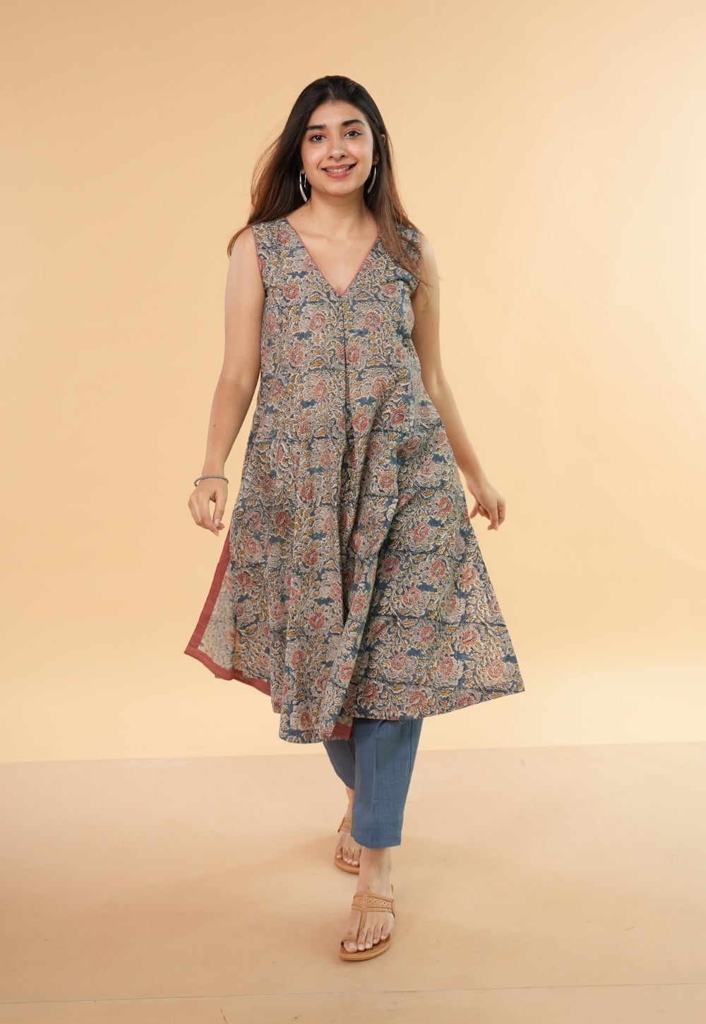 Raahi Blue Kalamkari Cotton Kali Kurta