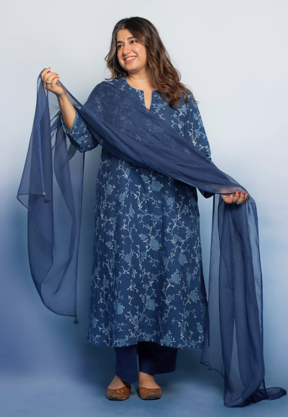 Zoohi Blue Dabu Mul Cotton A Line Kurta