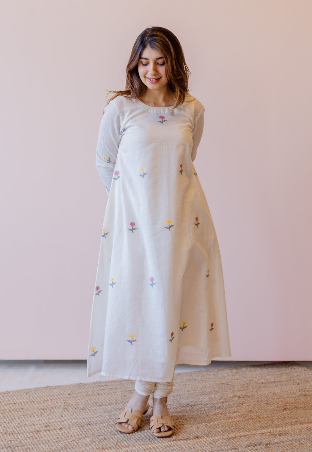 Kiran Off White Jamdani Handspun Handwoven Cotton A Line Kurta