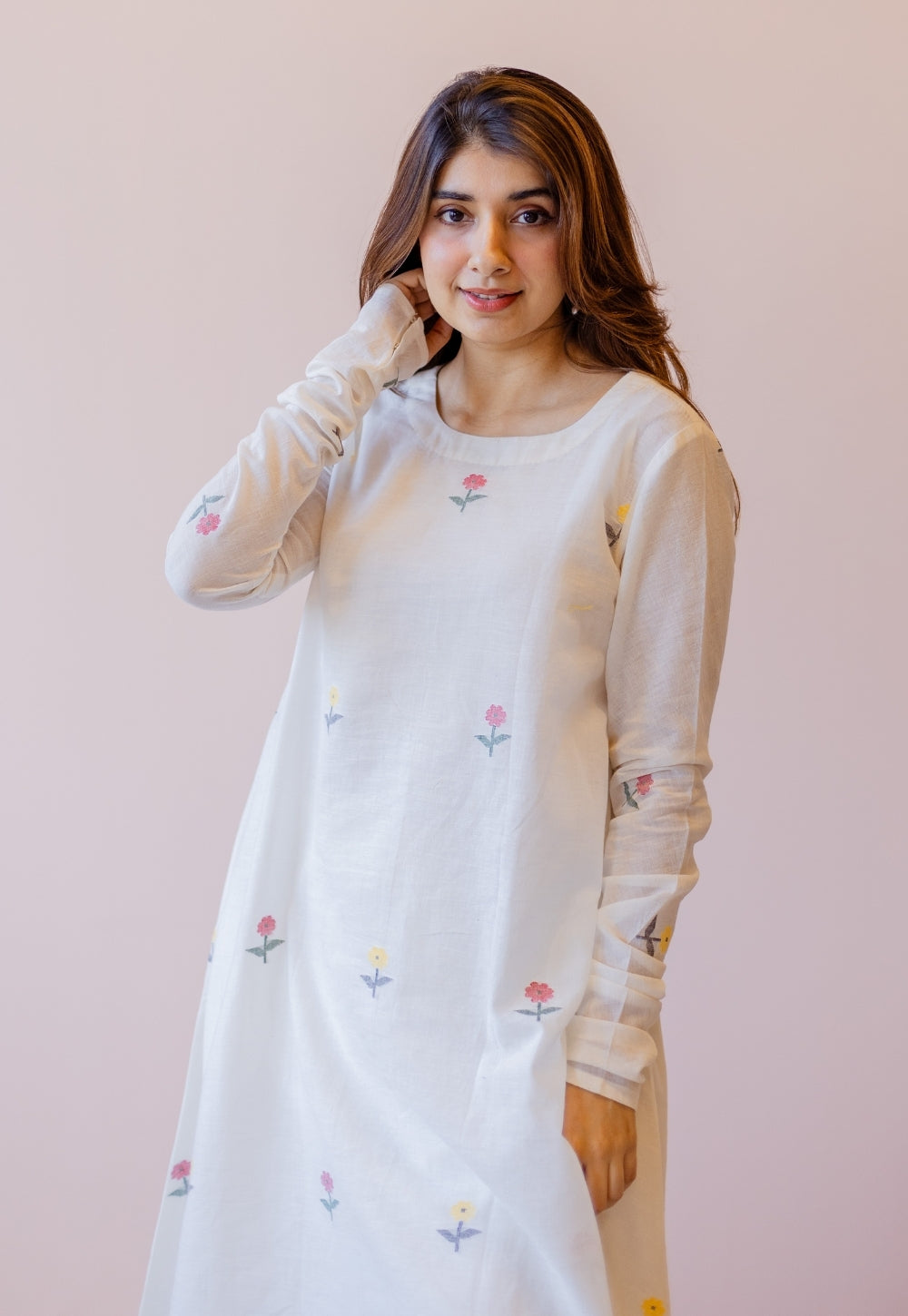 Kiran Off White Jamdani Handspun Handwoven Cotton A Line Kurta