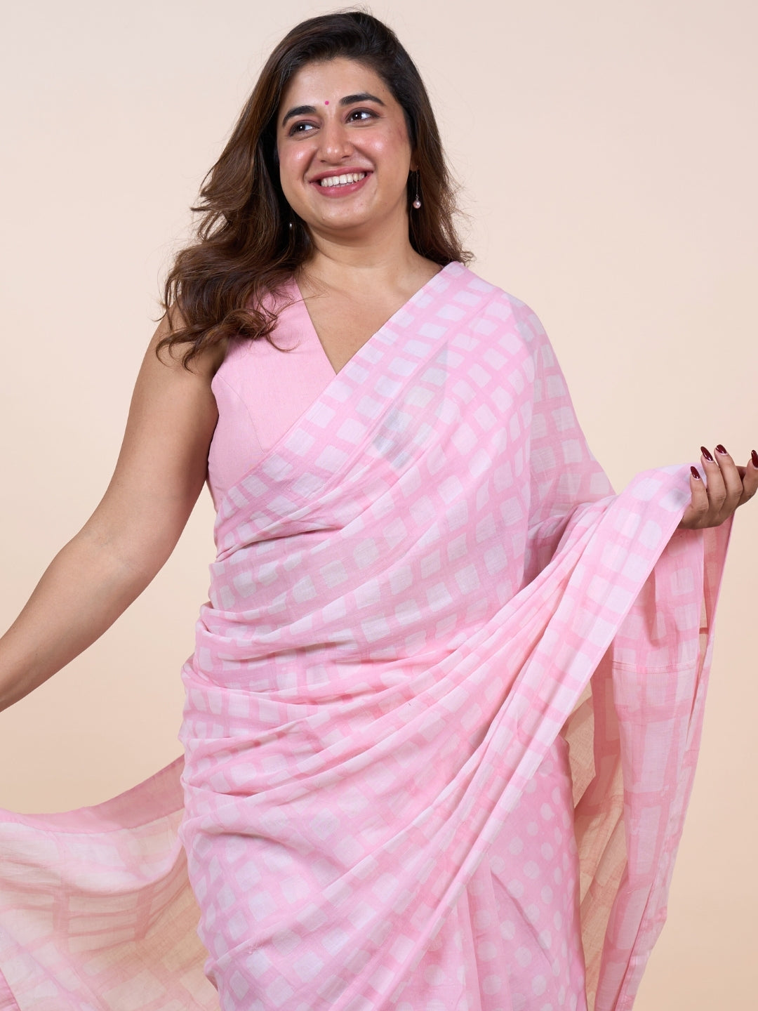 Zohreen Pink Batik Hand Block Print Mul Cotton Saree with Embroidery