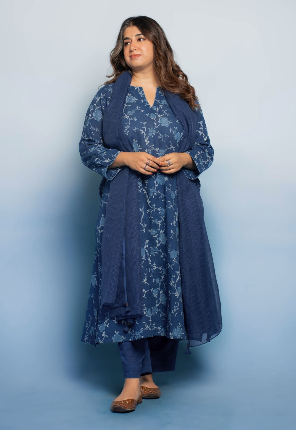 Zoohi Blue Dabu Mul Cotton A Line Kurta