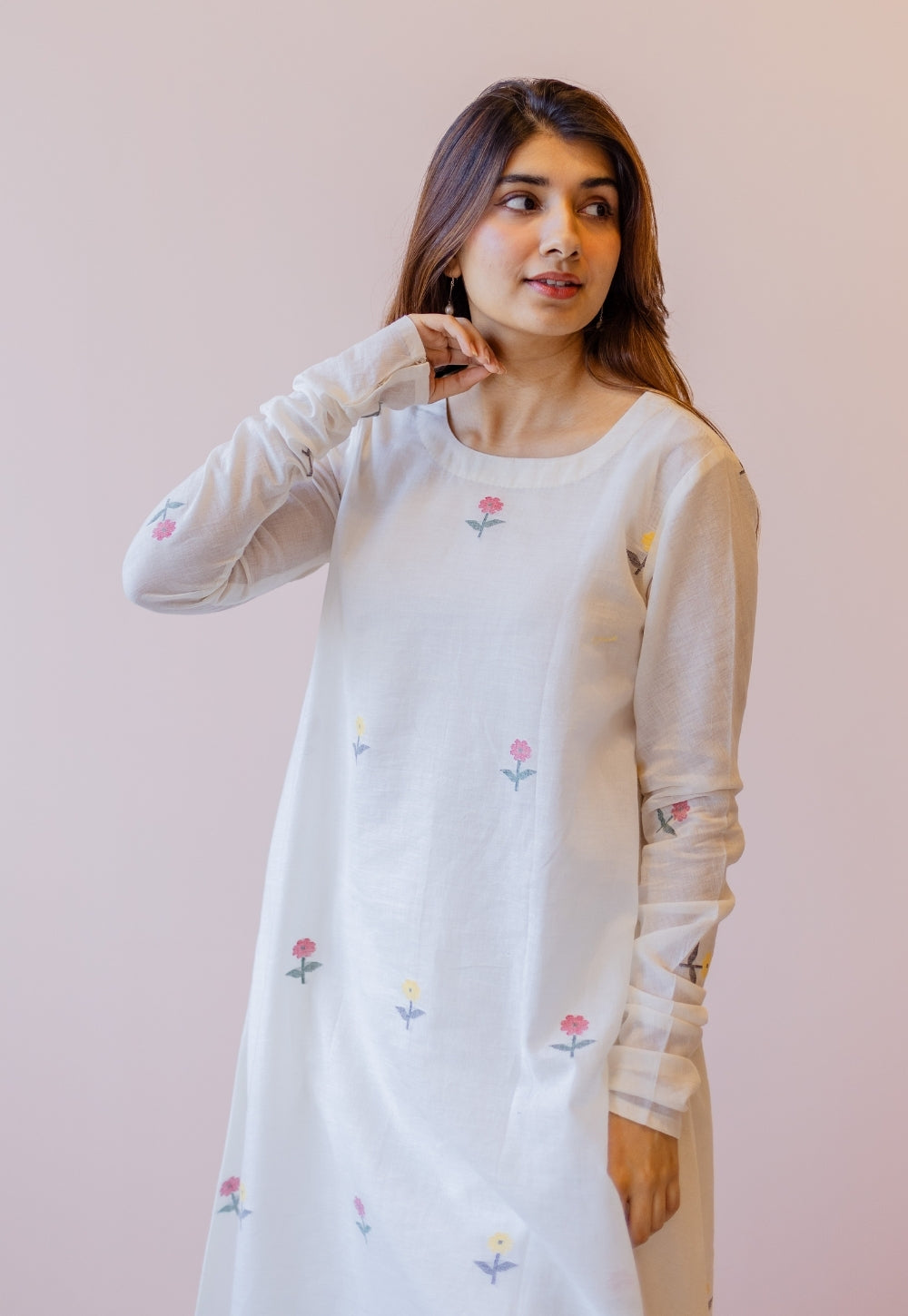 Kiran Off White Jamdani Handspun Handwoven Cotton A Line Kurta