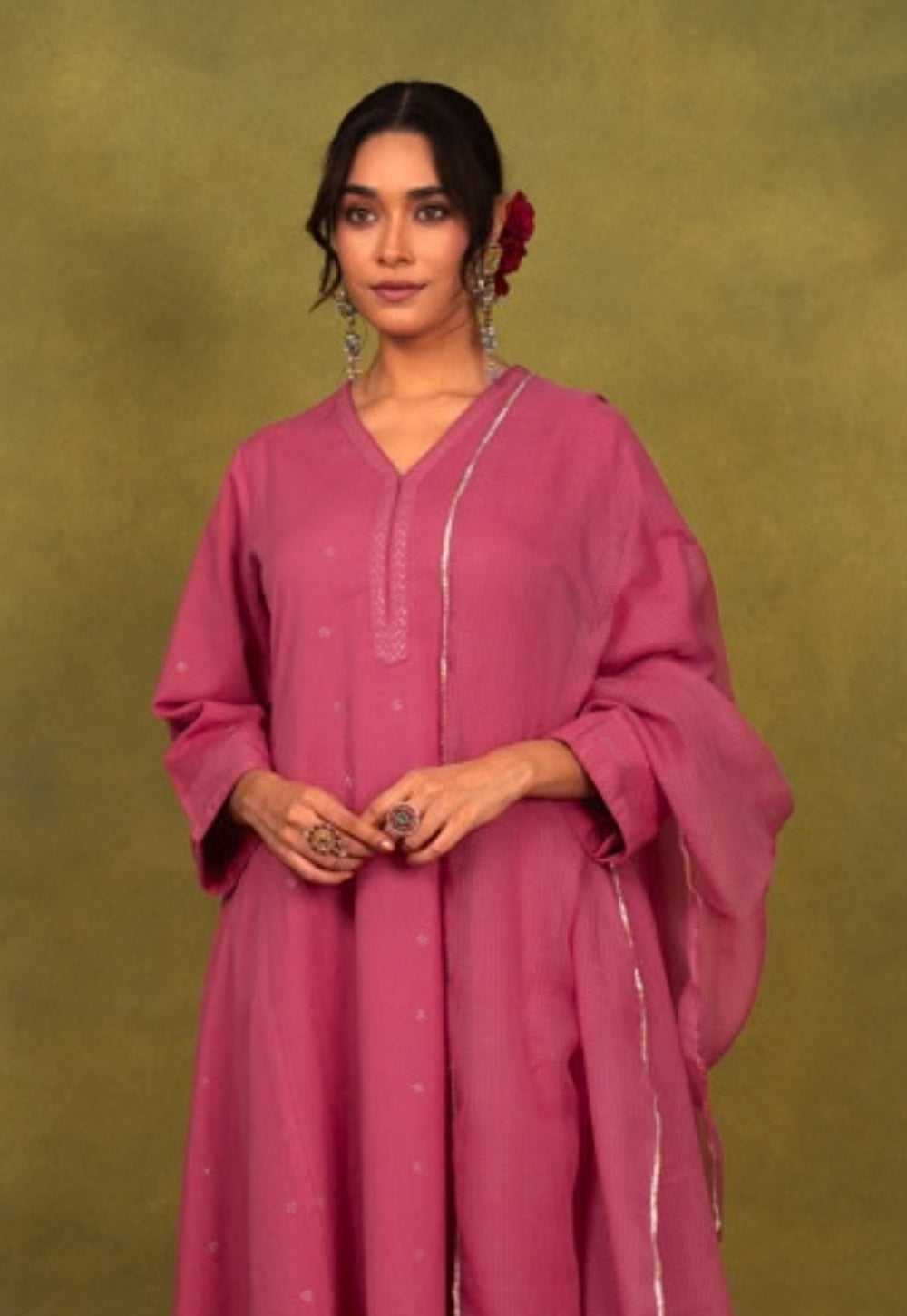 Sadia Pink Rogan Handblock Printed Cotton Kali Kurta Suit Set (Set of 3)