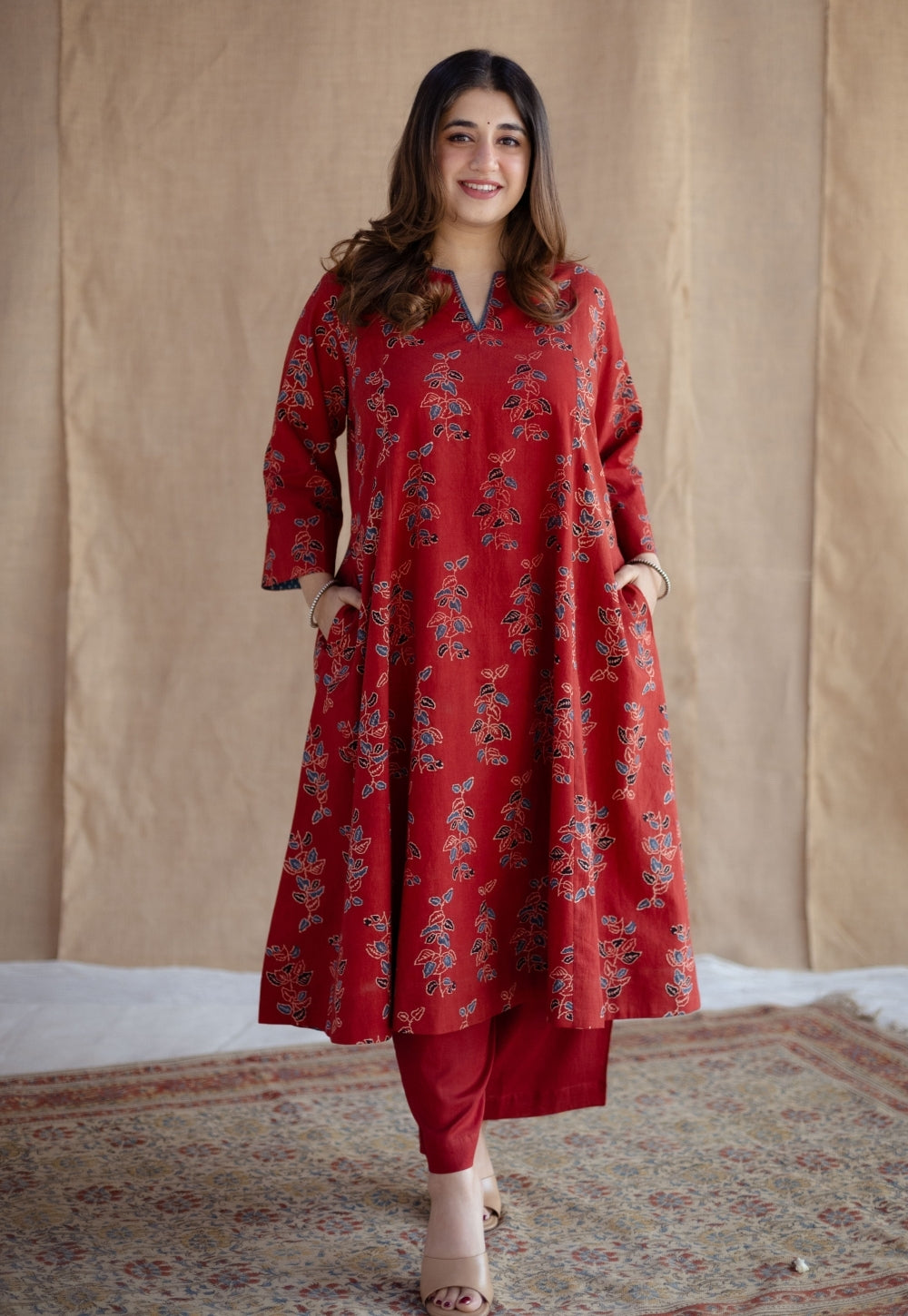 Malika Red Ajrakh Cotton Kali Kurta with Hand Embroidery