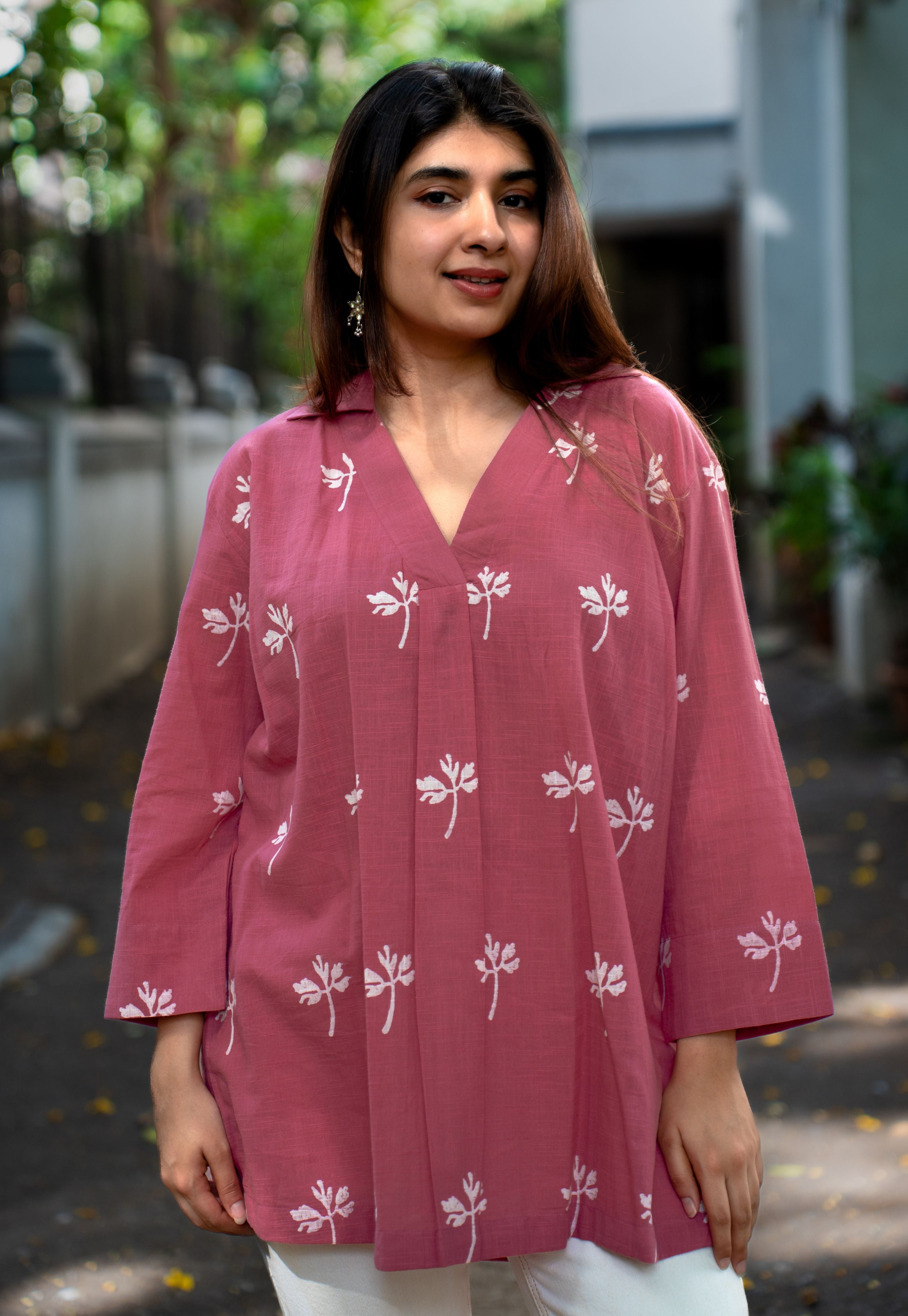 Aazaya Pink Dabu Slub Cotton A Line Short Top