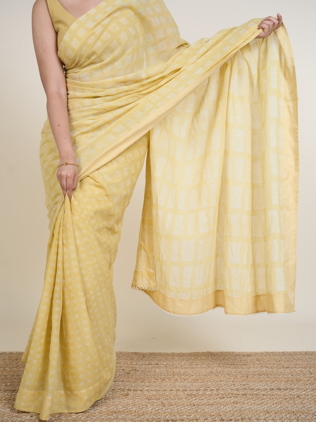 Ramisha Yellow Batik Hand Block Print Mul Cotton Saree with Embroidery