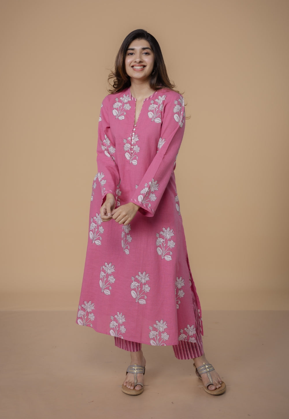 Prita Pink Dabu Slub Cotton Narrow Pant