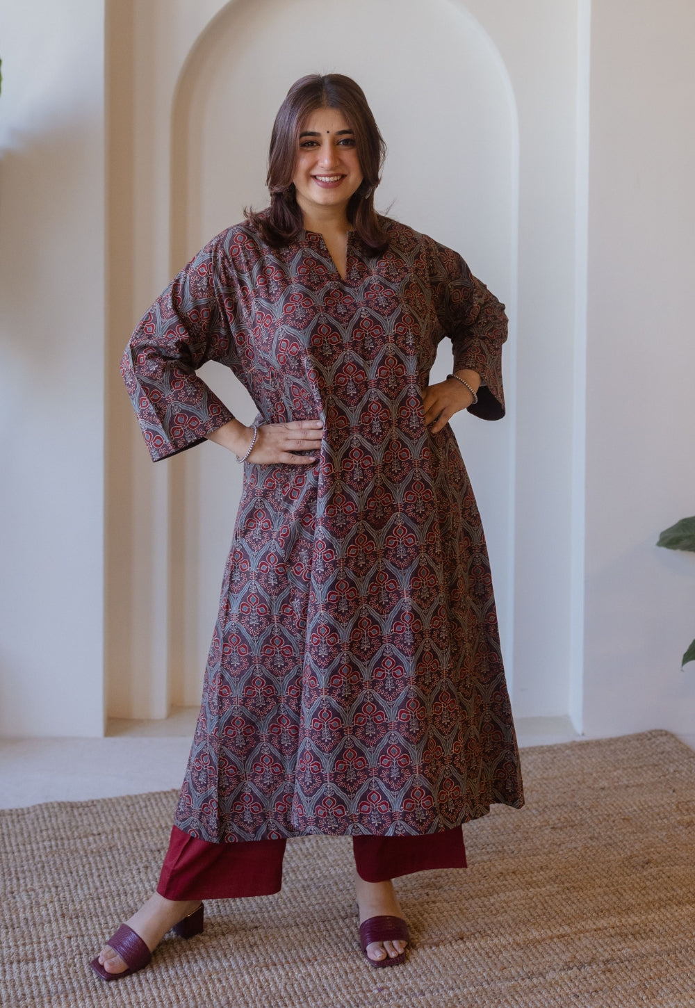 Nyra Brown Ajrakh Cotton Jhabbha Kali Kurta