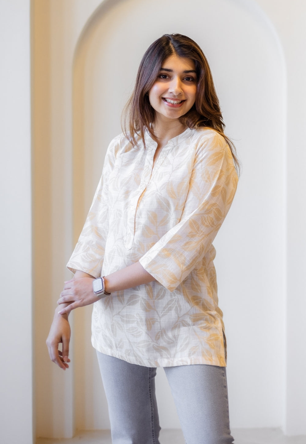 Zinia Beige Hand Block Print Slub Cotton Straight Short Top