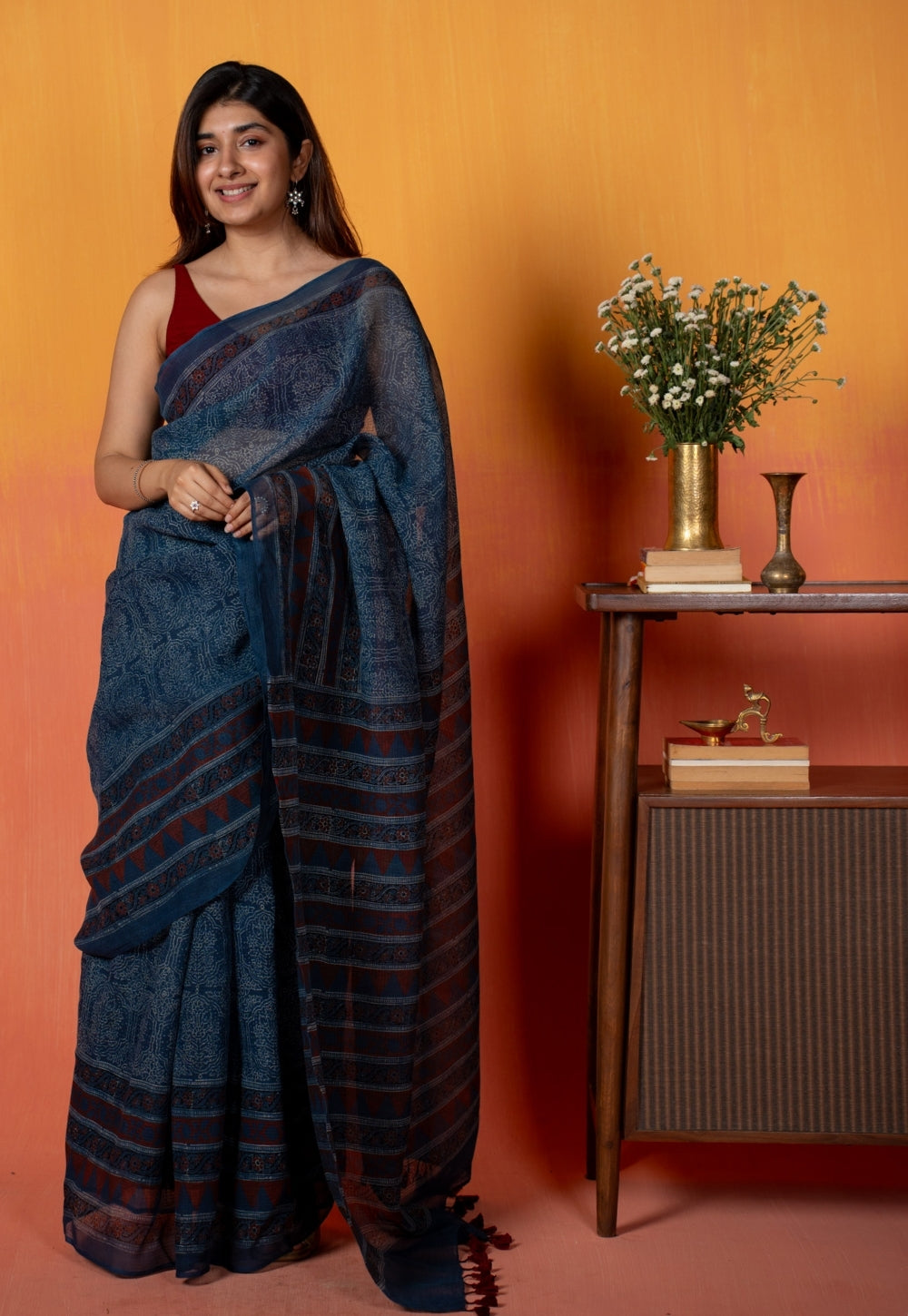 Blue Traditional Ajrakh Hand Block Print Kota Doria Cotton Saree