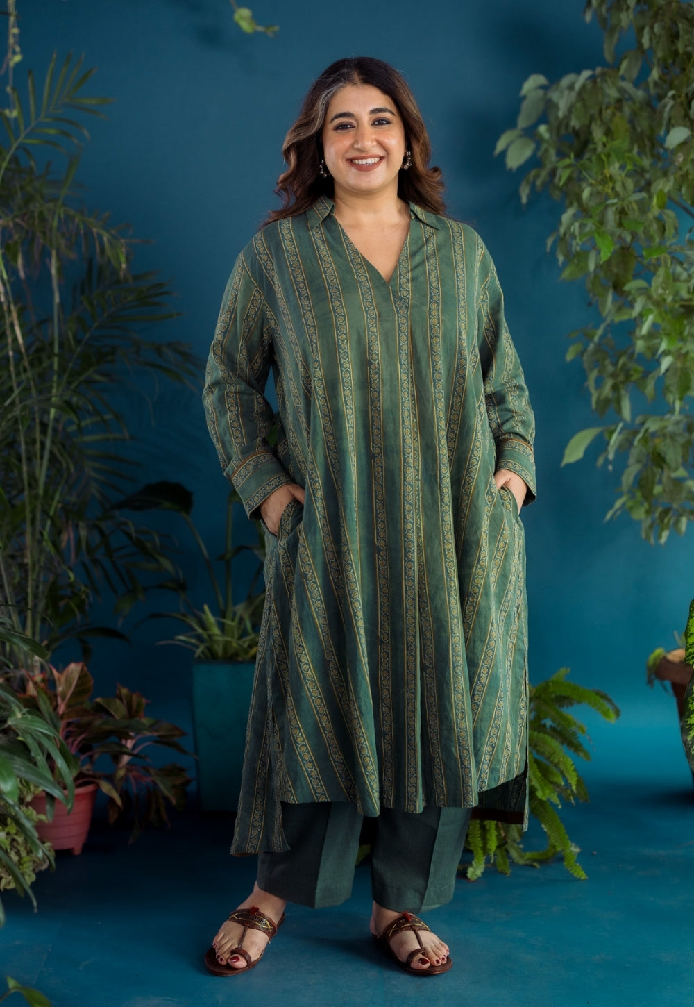 Tejshri Green Ajrakh Cotton A Line Kurta