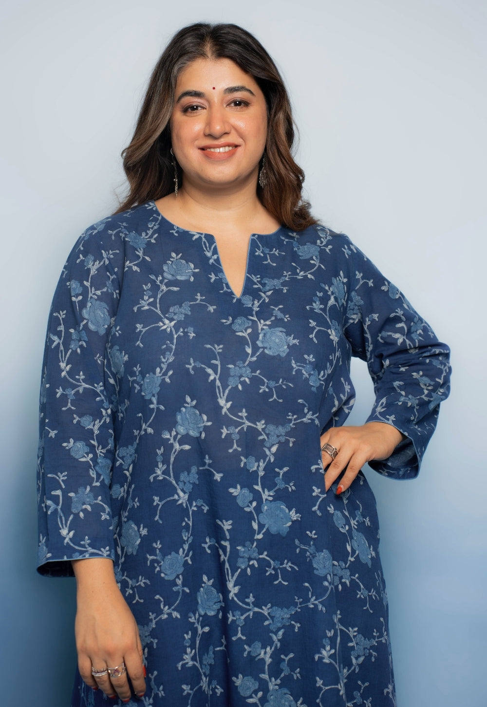 Zoohi Blue Dabu Mul Cotton A Line Kurta