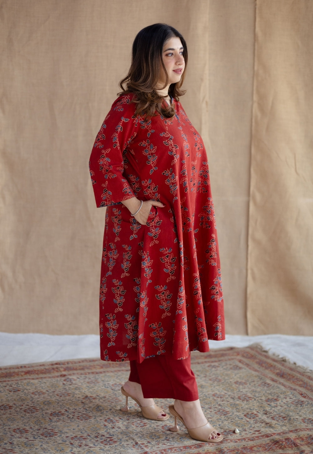 Malika Red Ajrakh Cotton Kali Kurta with Hand Embroidery