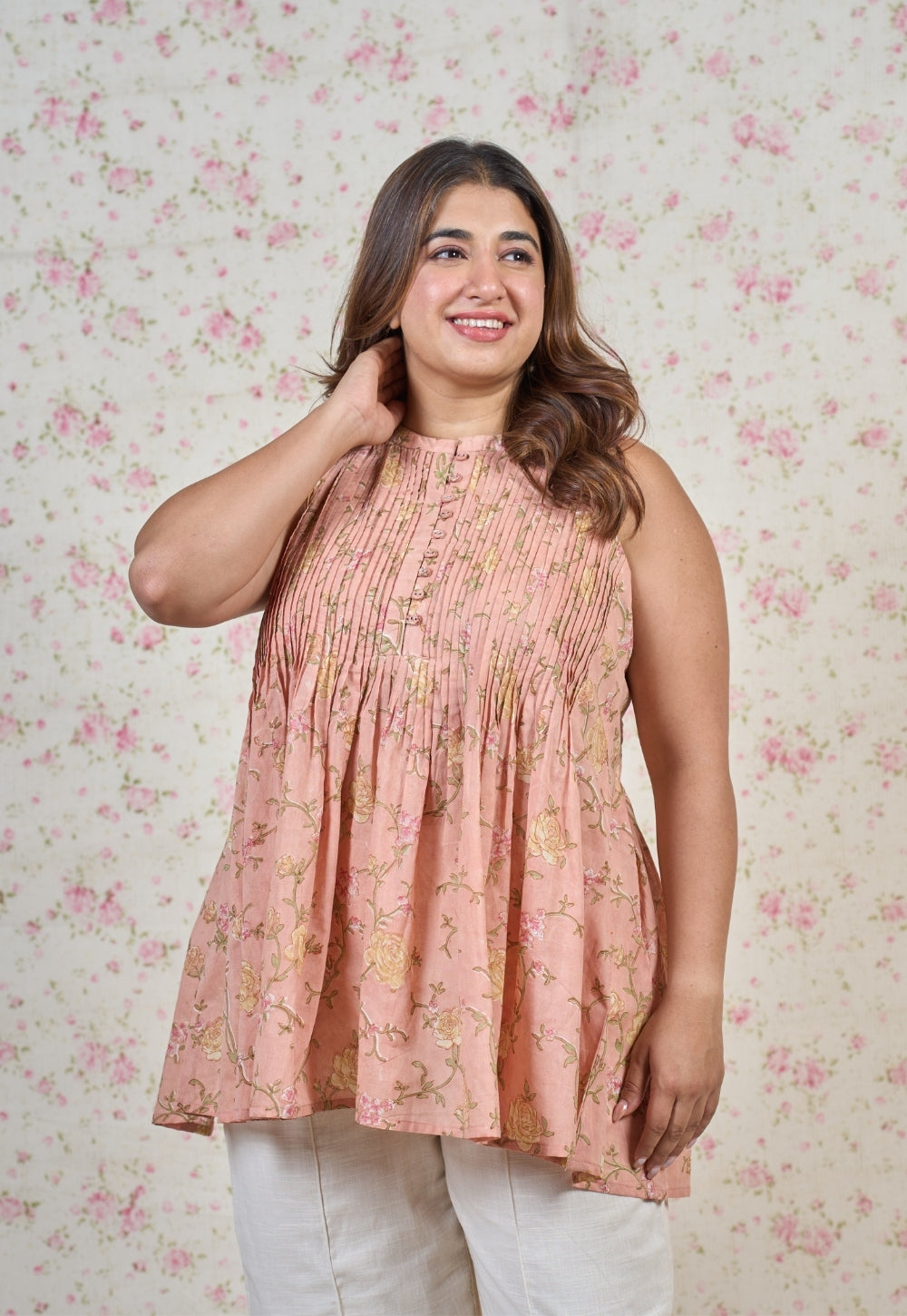 Diana Orange Sanganeri Mul Cotton A Line Short Top