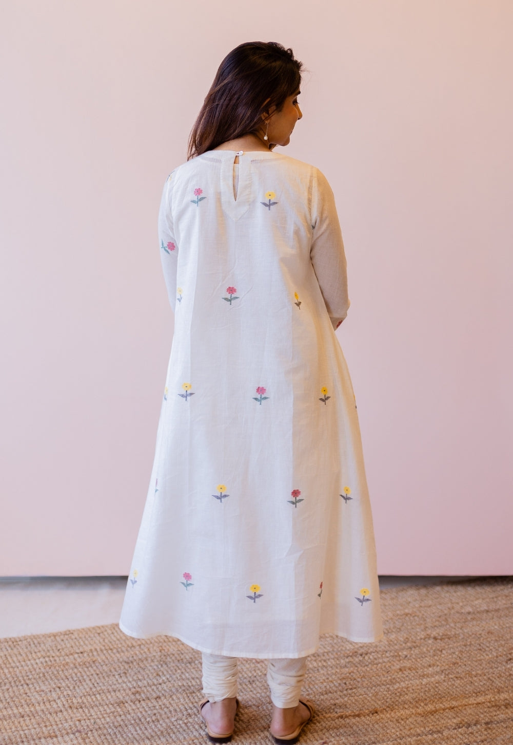 Kiran Off White Jamdani Handspun Handwoven Cotton A Line Kurta