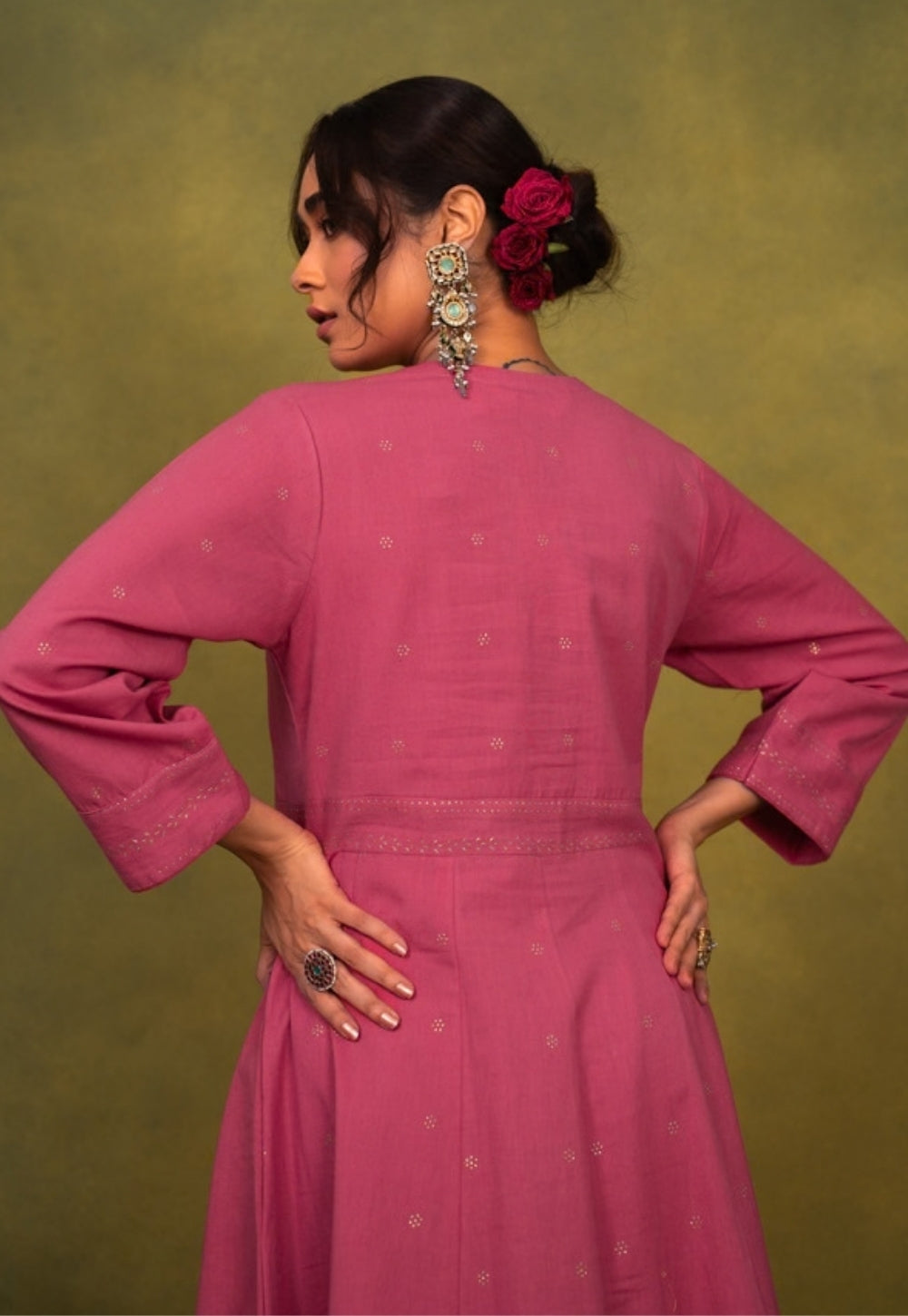 Sadia Pink Rogan Handblock Printed Cotton Kali Kurta Suit Set (Set of 3)