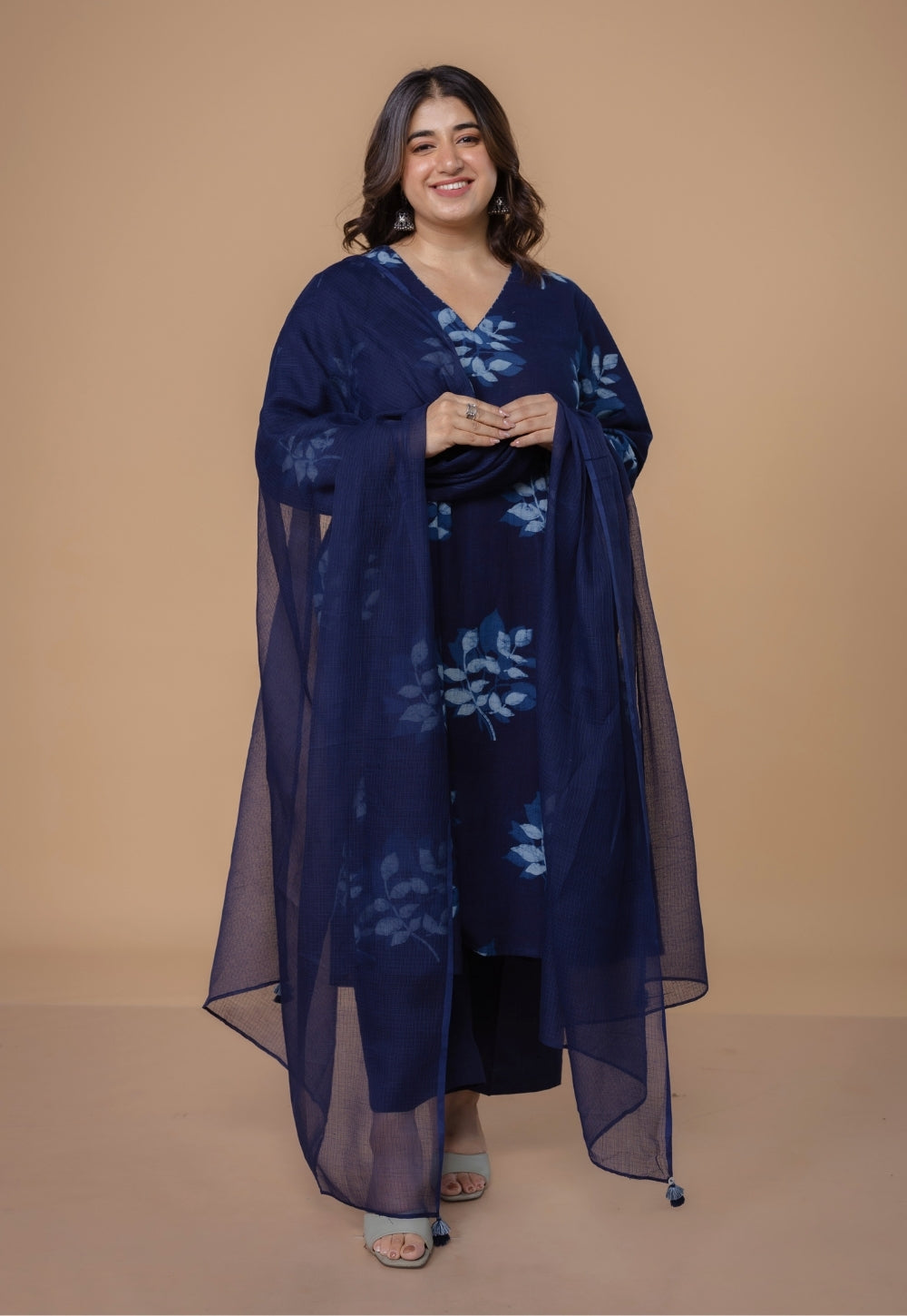 Blue Solid Kota Doria Dupatta with Tassels