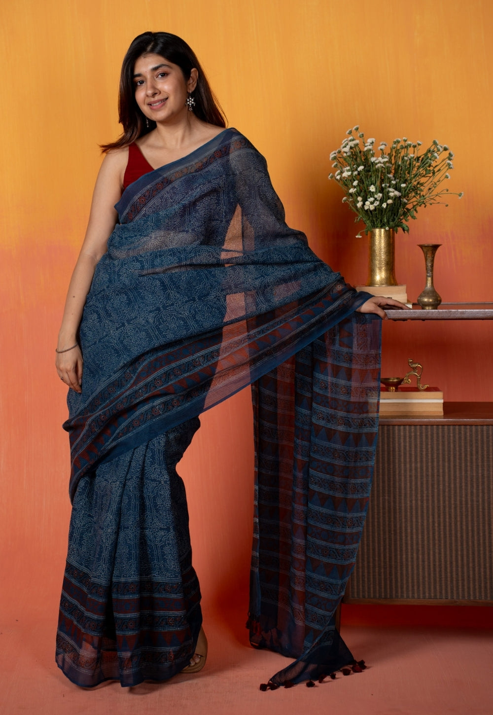 Blue Traditional Ajrakh Hand Block Print Kota Doria Cotton Saree